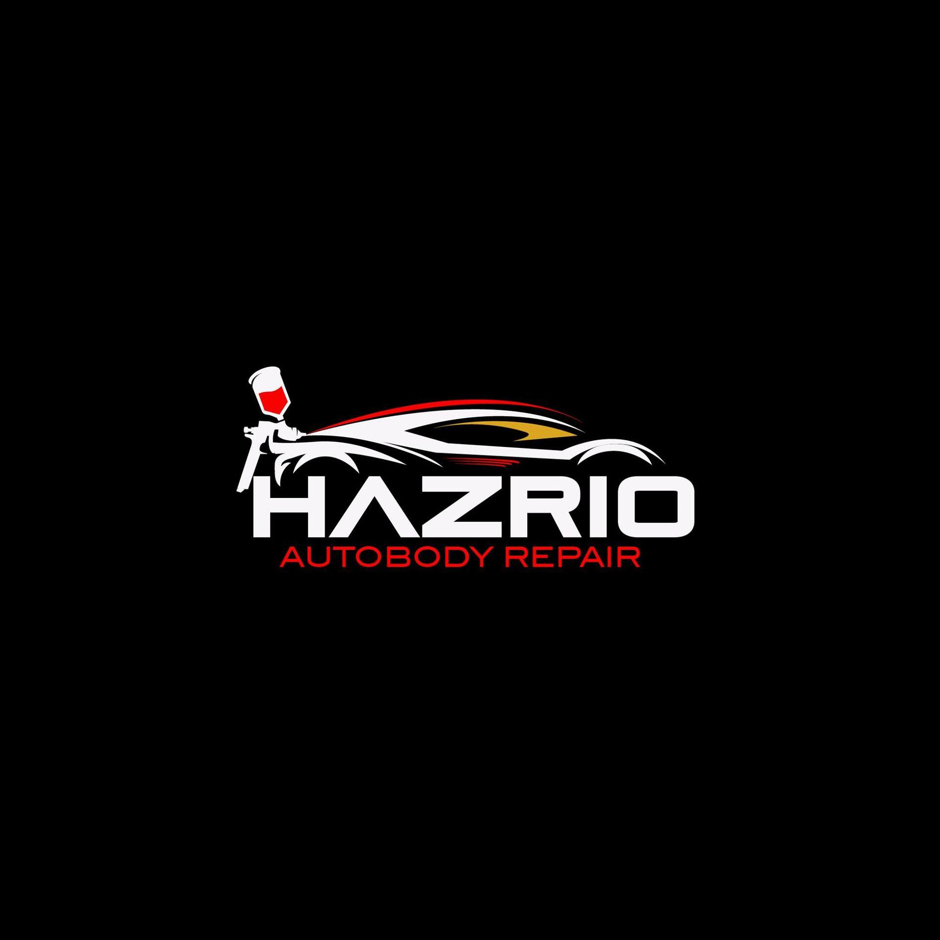 Hazrio Autobody Repair logo with abstract car design and paint spray icon on black background.